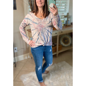 “Sunday Afternoon” Tie Dye French Terry V-Neck Long Sleeve Floaty Light Pink