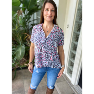 “She Is Fierce” Leopard V-Neck Collar Short Sleeve Tab Button Floaty Top Gray Pink