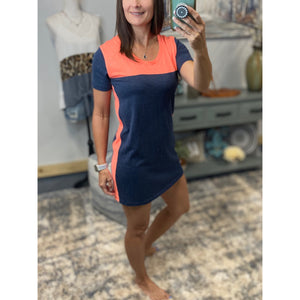"You're The One" Scoop Neck Color Block Mini Summer Tee Shirt Dress Navy Orange S/M/L