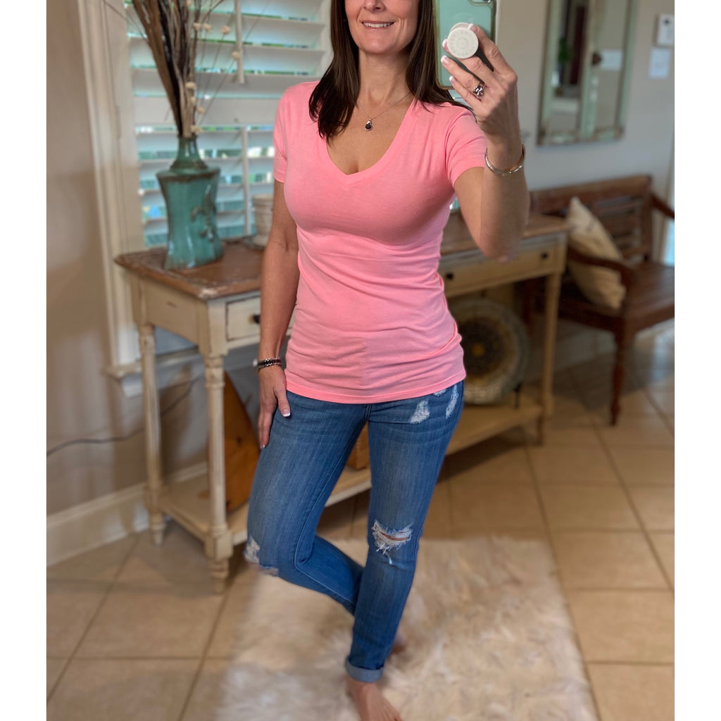 “Basic Babe” Low Cut V-Neck Cleavage Baby Slimming Basic Tee Shirt Bright Pink S/M/L/XL