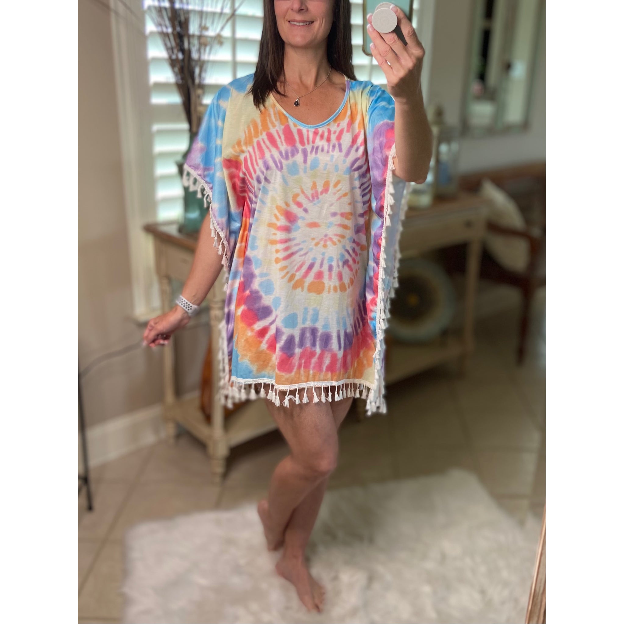 “Beach Bound” Tie Dye Chic Boho Tassel Hem Beach Mini Cover Up Vibrant One Size