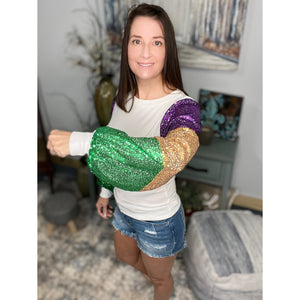“Neutral Ground Side” Mardi Gras Sequined Color Block Balloon Sleeves Purple Green & Gold Ivory