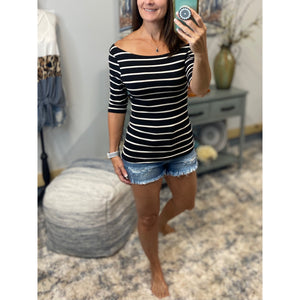 Boat Neck Preppy Striped Rugby Open Shoulder 3/4 Shirt Top Black