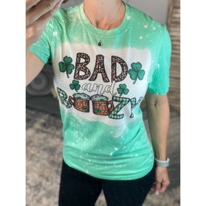 “Bad and Boozy” St. Patrick’s Day Bleached Sublimation Boyfriend Basic Tee Shirt Green S/M/L/XL/2X