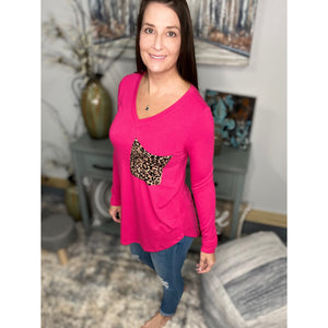 “Blind Faith“ V Neck Soft Jersey Knit Floaty Animal Print Leopard Pocket Long Sleeve Hot Pink