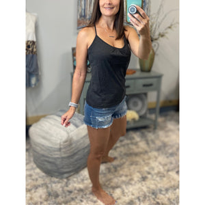 “Can’t Get Away” Low Cut Scoop Neck Mesh Racerback Shirred Tissue Tank Shirt Top Gray S/M/L