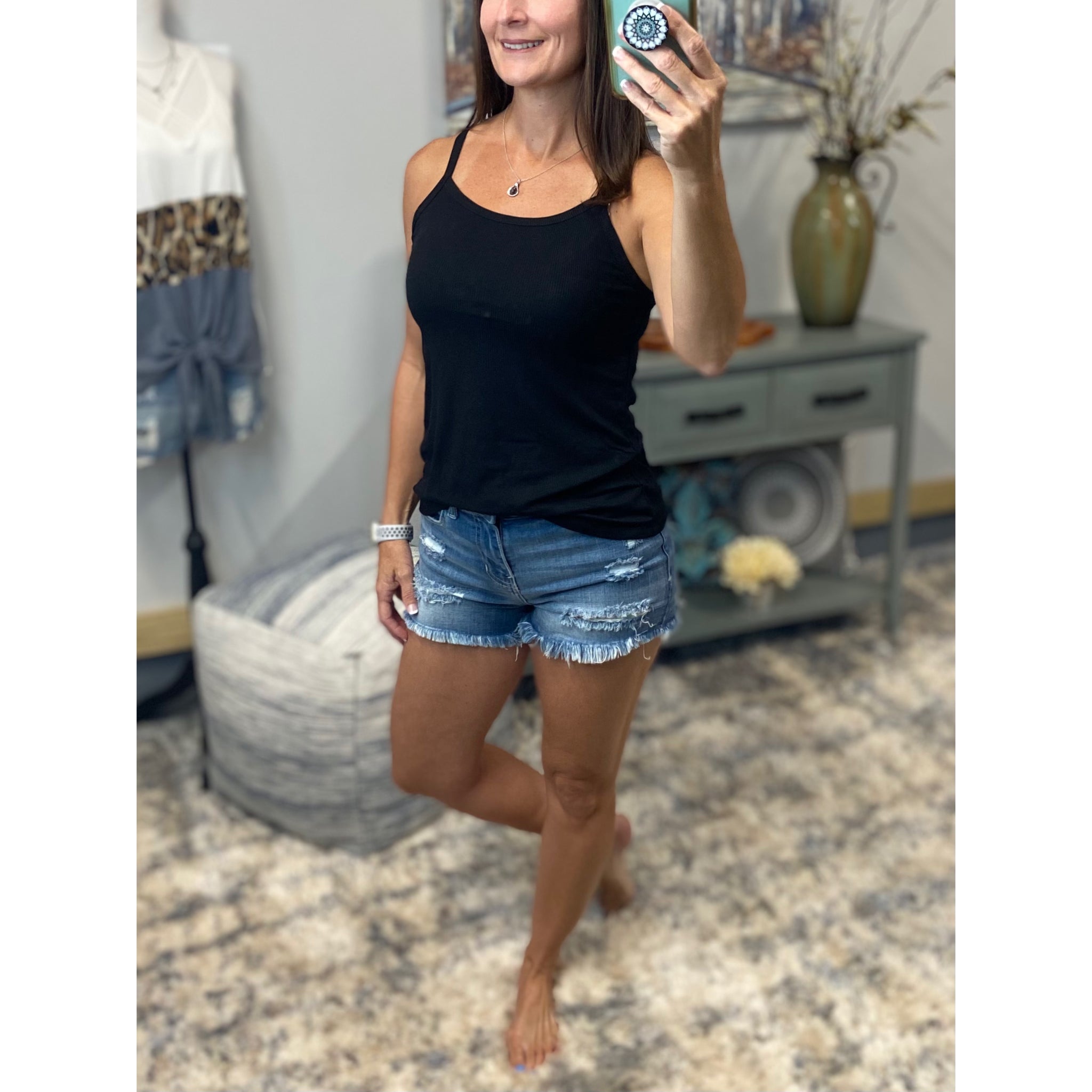“Perfect Places” Ribbed Scoop Spaghetti Strap Cami Tank Top Black S/M/L