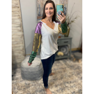 “Let The Good Times Roll” Mardi Gras Sequined Color Block Sleeves French Terry Purple Green & Gold Ivory S/M/L/XL