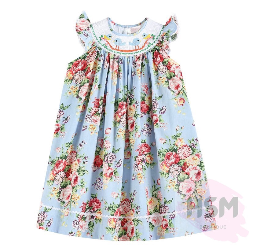 "Blue Bird" Smocked Floral Blue Bird Bishop Embroidery Blue Dress