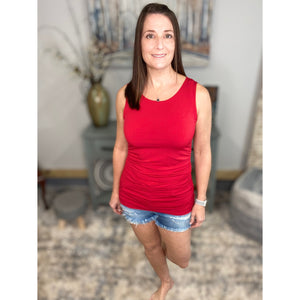 "All Summer Long" Scoop Neck Ruched Gathered Sides Sleeveless Summer Top Red S/M/L/XL
