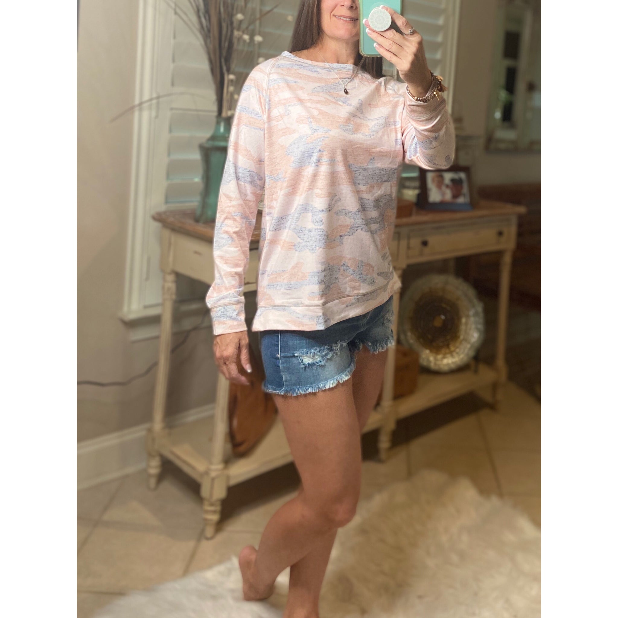 “I’m Lovin It” Camouflage Round Neck Banded Bottom Split Side Sweatshirt Pink