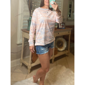 “I’m Lovin It” Camouflage Round Neck Banded Bottom Split Side Sweatshirt Pink