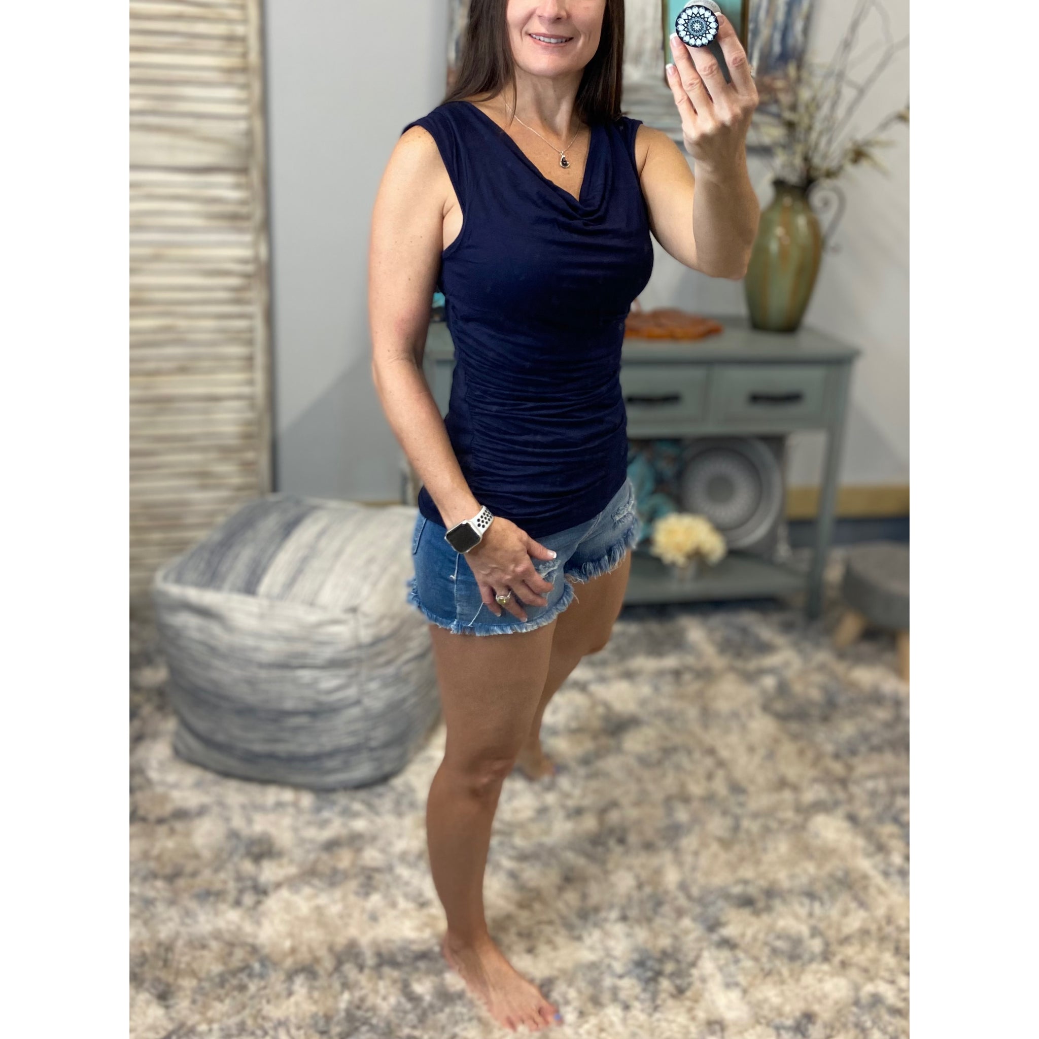 Drape Cowl Drape Neck Ruched Gathered Sides Sleeveless Top Navy S/M/L