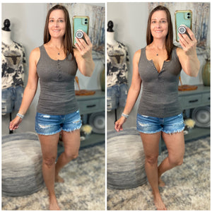 “Let The Sun Shine” Ribbed Henley Low Cut Boy Beater Cleavage Fitted Tank Top Gray