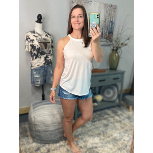 Tri Rocker Racerback Round Neck Floaty Trendy Tank Top Summer White