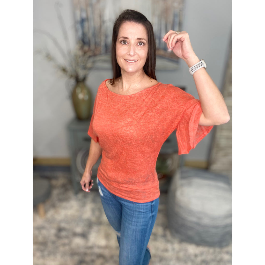 "Charmed Life" Semi Sheer Open Knit Boat Neck Short Ruffle Bell Flutter Dolman Sleeve Top Coral