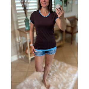 Very Sexy Crew Neck Baby Slimming Sheer Top T-Shirt Brown Blue Trim S/M/L/XL/XXL