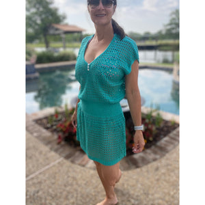 “Ocean Eyes” Crochet Mesh V Neck Mini Beach Swimsuit Cover Up Beach Pool Aqua Green One Size