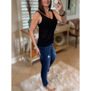 “Spring Fling” Sexy Low Double V Neck Back Sleeveless Dressy Knit Sweater Tank Black