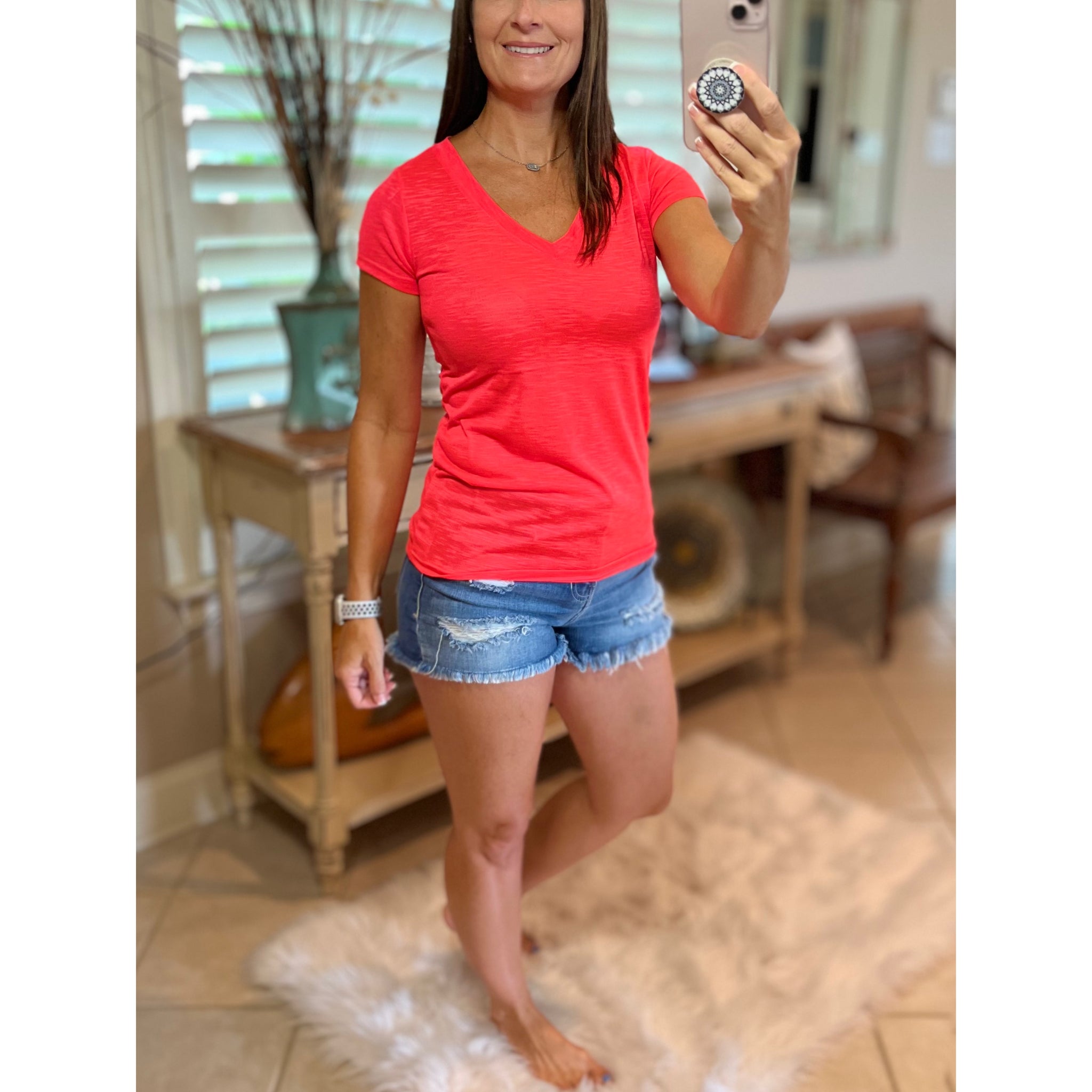 Burnout Low Cut V-Neck Cleavage Baby Slimming Tee Shirt Hot Coral S/M/L/XL