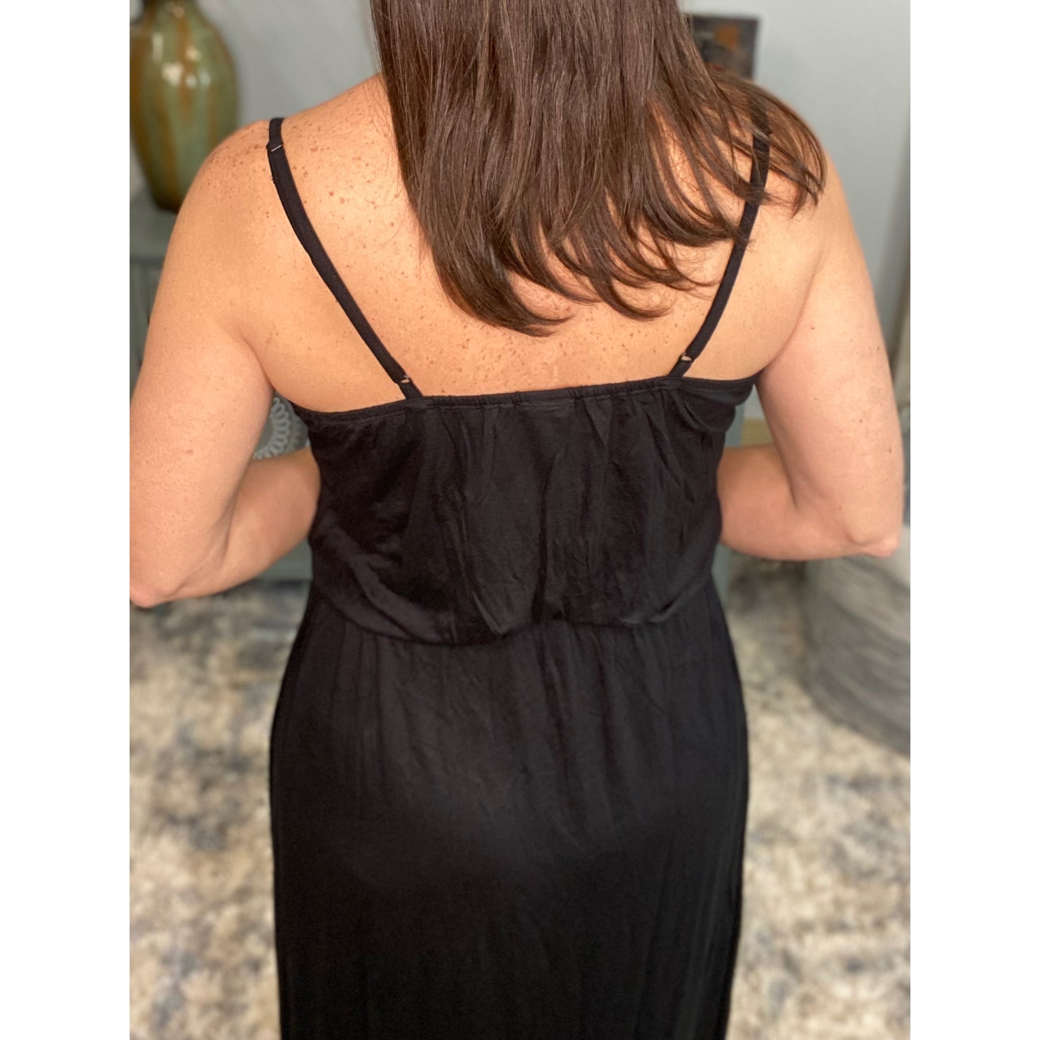 “A Girl’s Summer” Scoop Neck Drape Elastic Waist Spaghetti Strap Cami Tank Maxi Long Dress Black