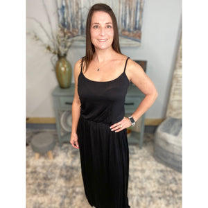 “A Girl’s Summer” Scoop Neck Drape Elastic Waist Spaghetti Strap Cami Tank Maxi Long Dress Black