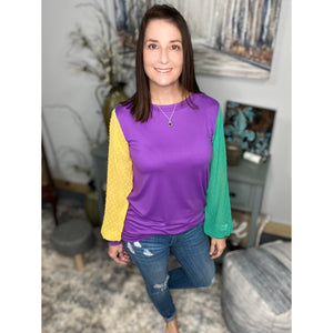 "They All Asked For You" Mardi Gras Color Block Swiss Dot Balloon Sleeves Round Neck Shirt Purple Green & Gold