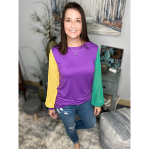 "They All Asked For You" Mardi Gras Color Block Swiss Dot Balloon Sleeves Round Neck Shirt Purple Green & Gold