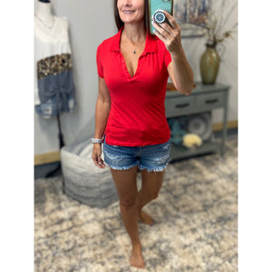 Basic Polo Low Cut Henley Collar Slim Fitted Preppy Stretch Top Red S/M/L