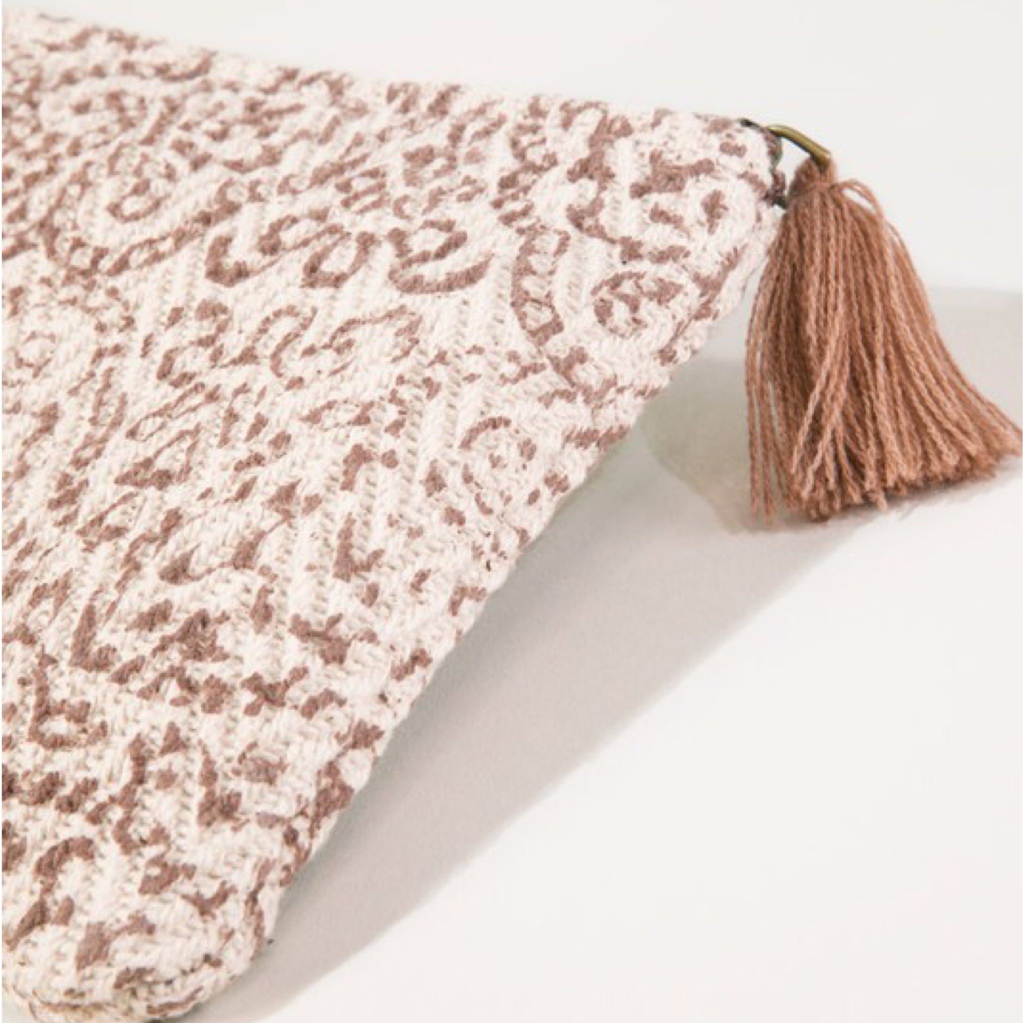 Weave Block Bohemian Print Clutch With Tassel Zipper Tan Ivory