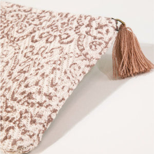 Weave Block Bohemian Print Clutch With Tassel Zipper Tan Ivory