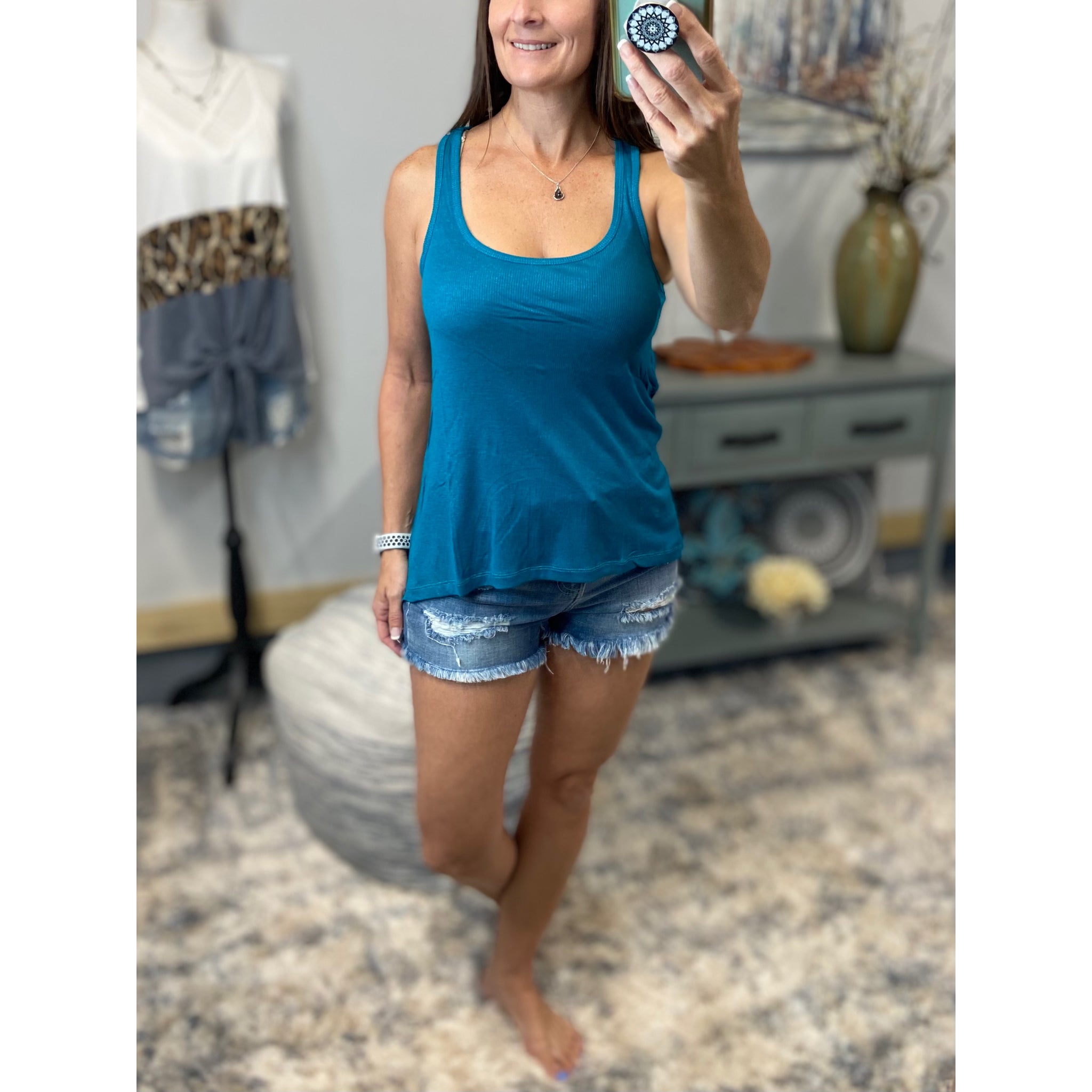 Sparkle Low Cut Summer Racerback Ribbed Floaty Tank Top Tunic Teal S/M/L