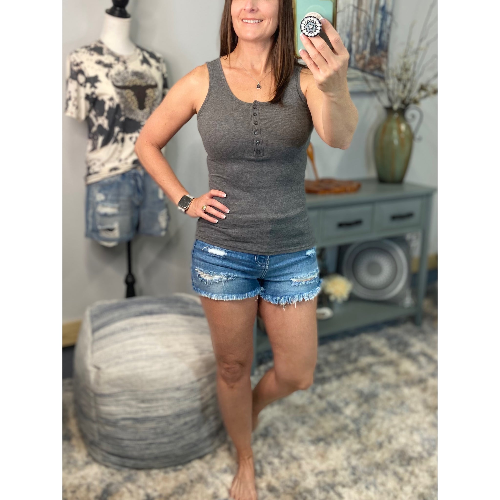 “Let The Sun Shine” Ribbed Henley Low Cut Boy Beater Cleavage Fitted Tank Top Gray