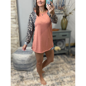 "Look Both Ways" Leopard Snake Contrast Pattern Long Raglan Sleeve Scoop Neck Light Mauve