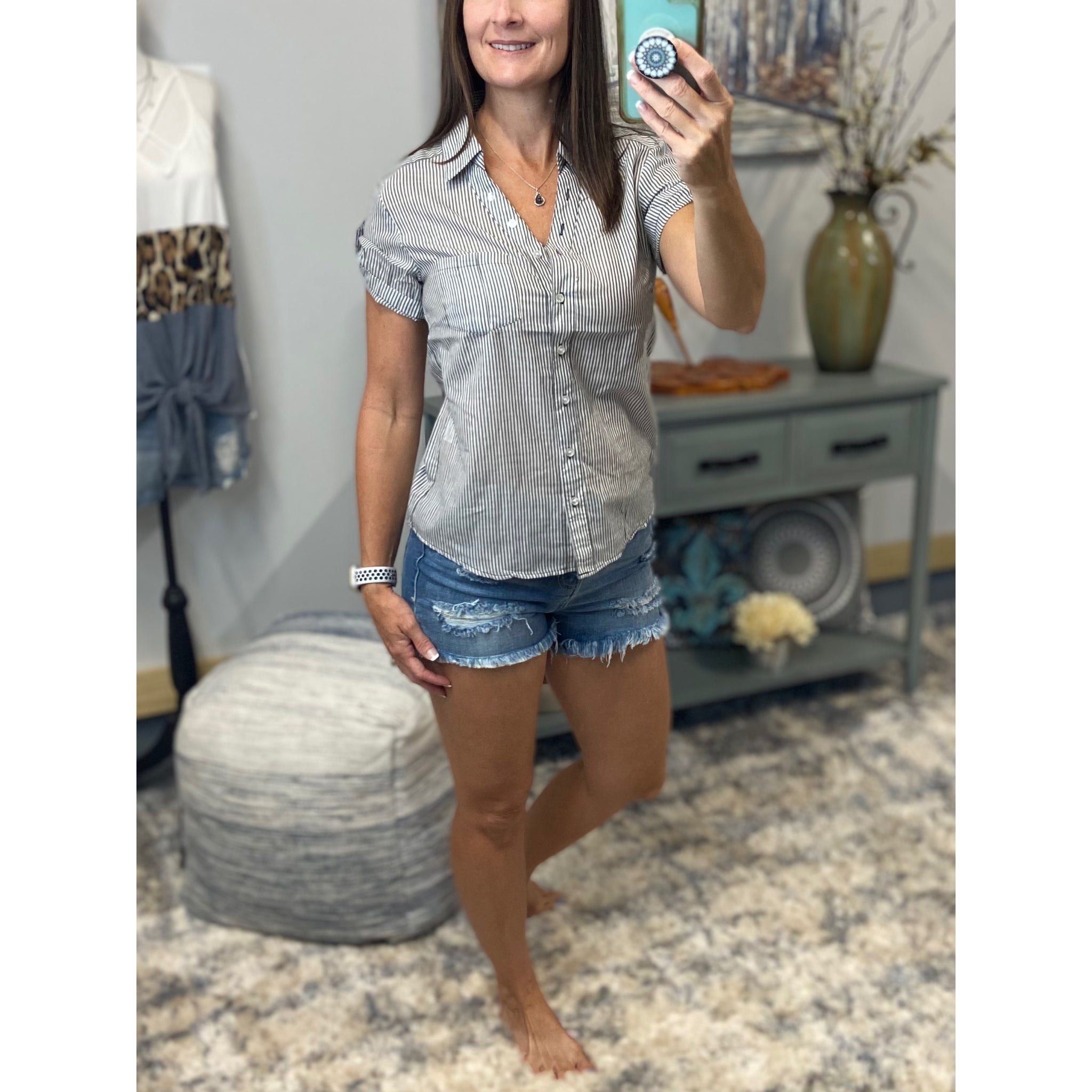 “Never Too Much” Striped V Neck Preppy Country Collar Pocket Button Up Short Tab Sleeve Navy