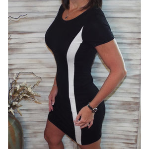 Sporty Bodycon Scoop Neck Short Sleeve Contrast Stripe Stretch Dress Black
