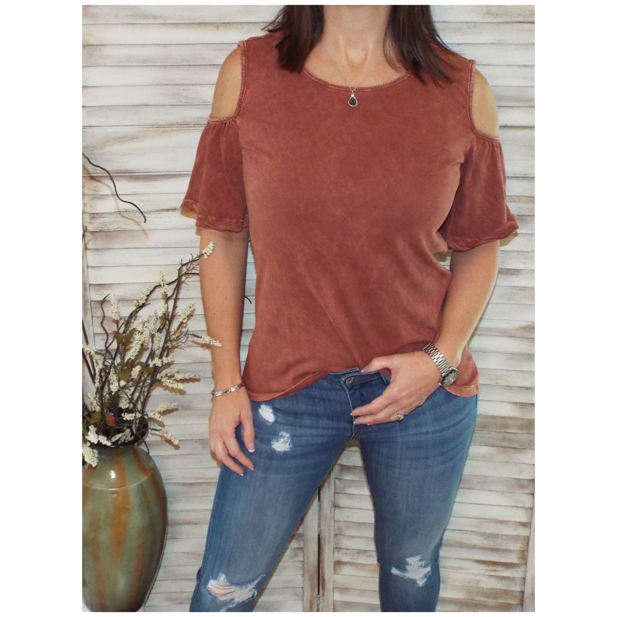 Sexy Scoop Neck Bell Sleeve Cold Shoulder Cutout Top Mineral Wash Rust