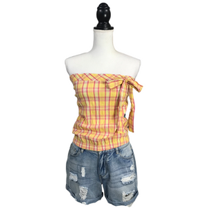 Sexy Strapless Preppy Plaid Bow Summer Tube Top Banded Yellow Pink S/M/L