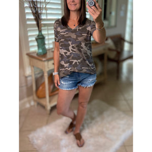 "Summertime Tee" Camouflage Loose Floaty V Neck Short Sleeve Boyfriend Tee Shirt Army Green