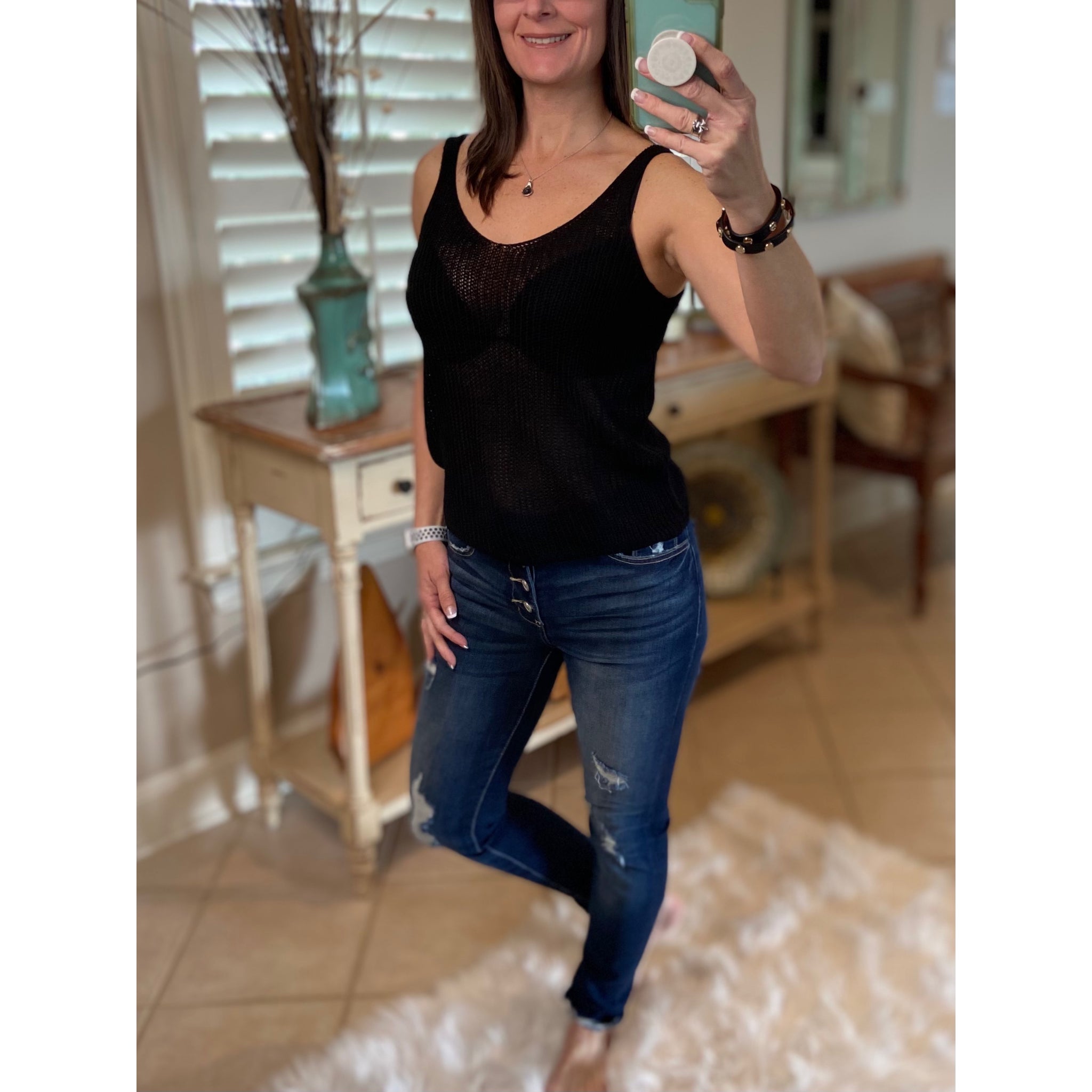 “Spring Fling” Sexy Low Double V Neck Back Sleeveless Dressy Knit Sweater Tank Black
