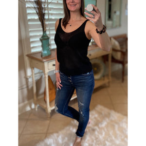 “Spring Fling” Sexy Low Double V Neck Back Sleeveless Dressy Knit Sweater Tank Black