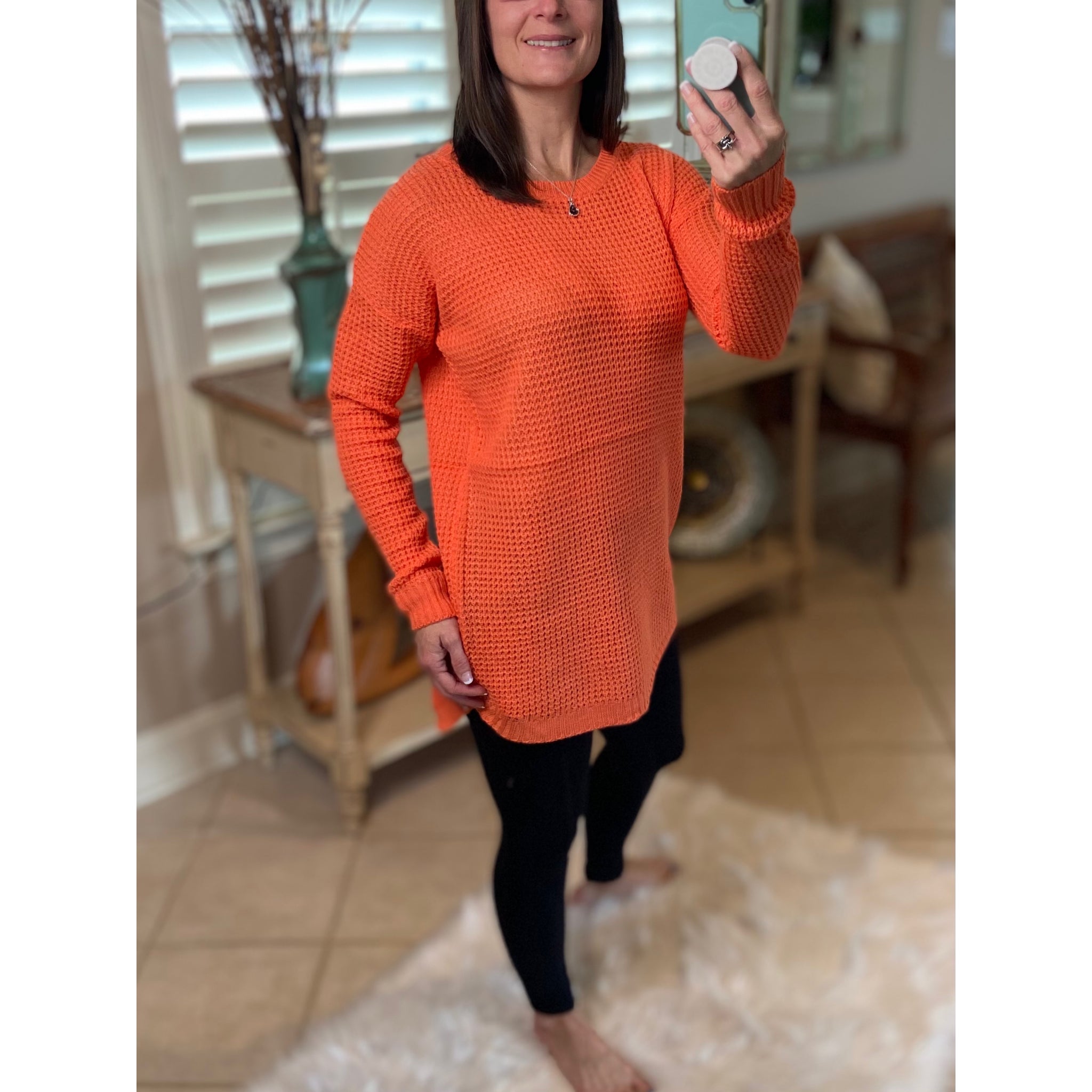 “Undone” Waffle Hi-Low Rounded Hem Long Sleeve Round Neck Tunic Sweater Coral