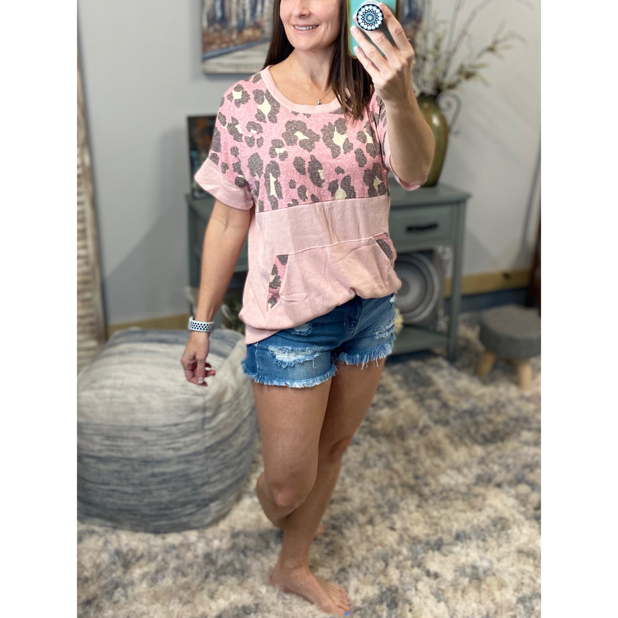 "I'm Making Moves" Leopard Color Block Scoop Neck Ribbed Kangaroo Pocket Pink S/M/L/XL
