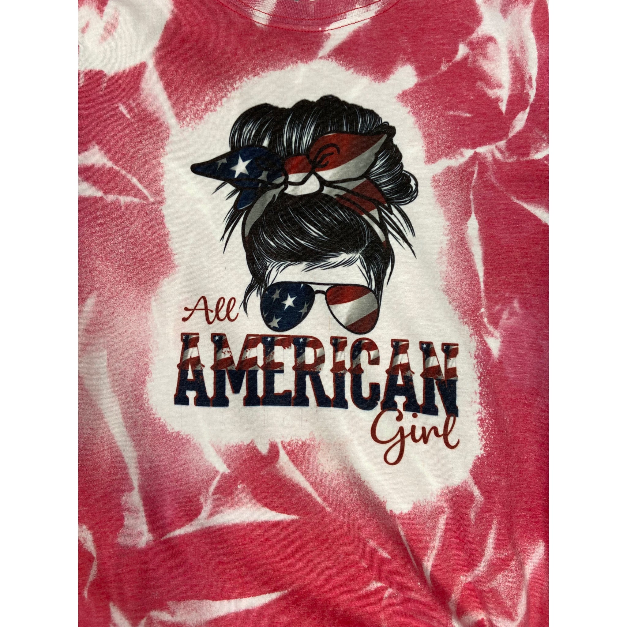 “All American Girl Tee” Messy Bun Sunglasses Headband Bleached Sublimation Boyfriend Basic Tee Shirt Red S/M/L/XL/2X