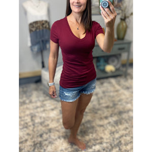 “Basic Babe” Low Cut V-Neck Cleavage Baby Slimming Basic Tee Shirt Maroon S/M/L/XL
