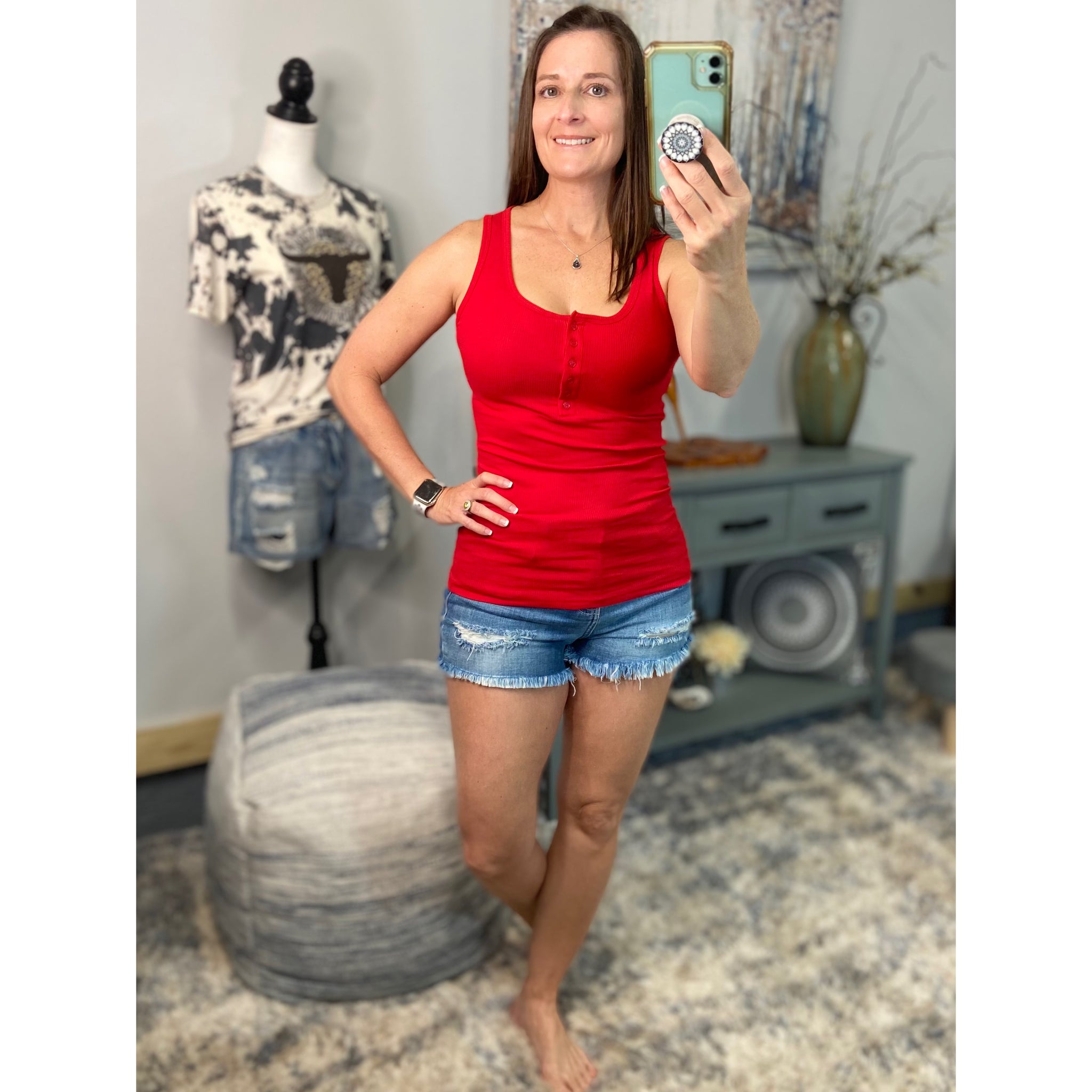 “Let The Sun Shine” Ribbed Henley Low Cut Boy Beater Cleavage Fitted Tank Top Red