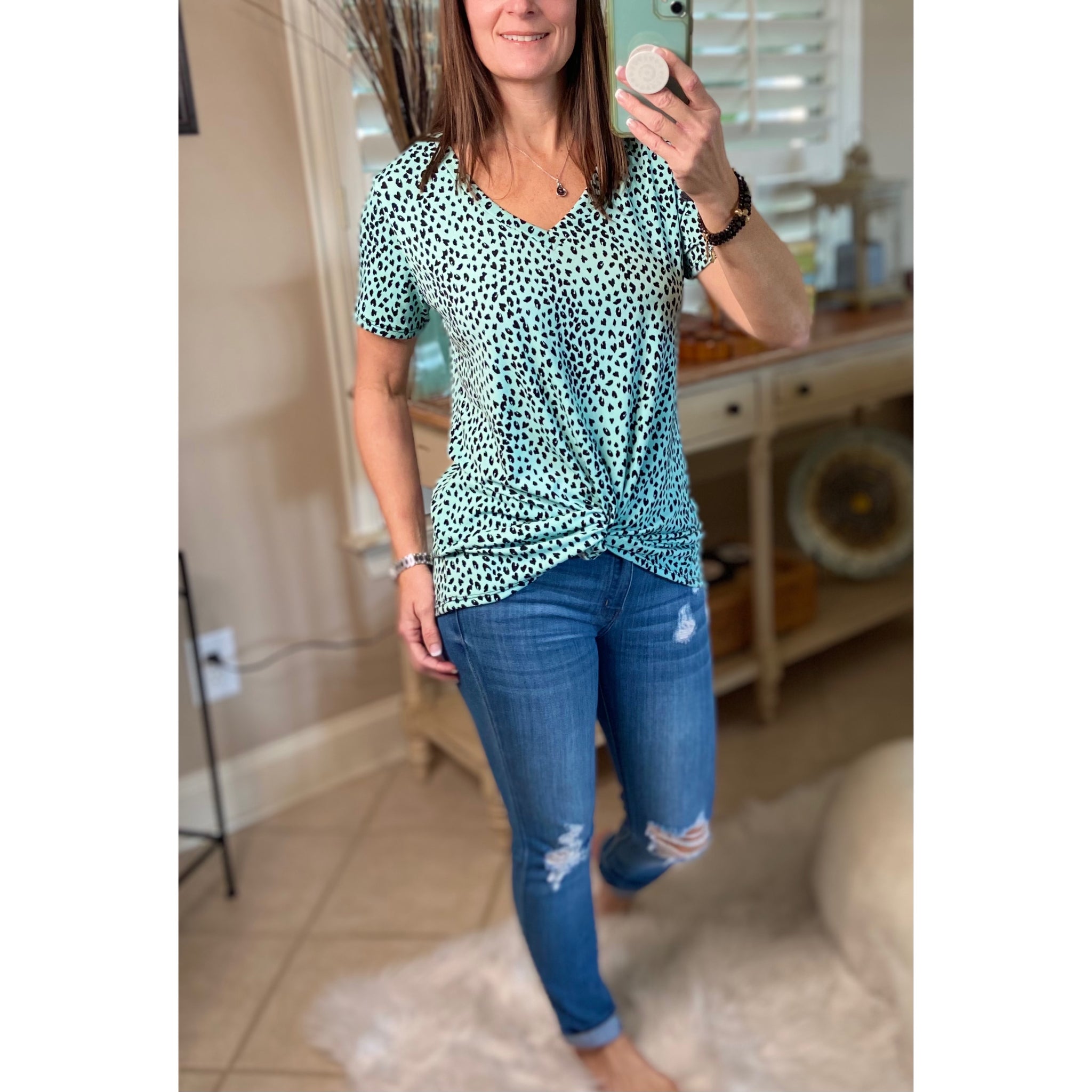 “Up Is The Only Way” Leopard Short Sleeve V-Neck Bottom Floaty Top Mint Black S/M/L