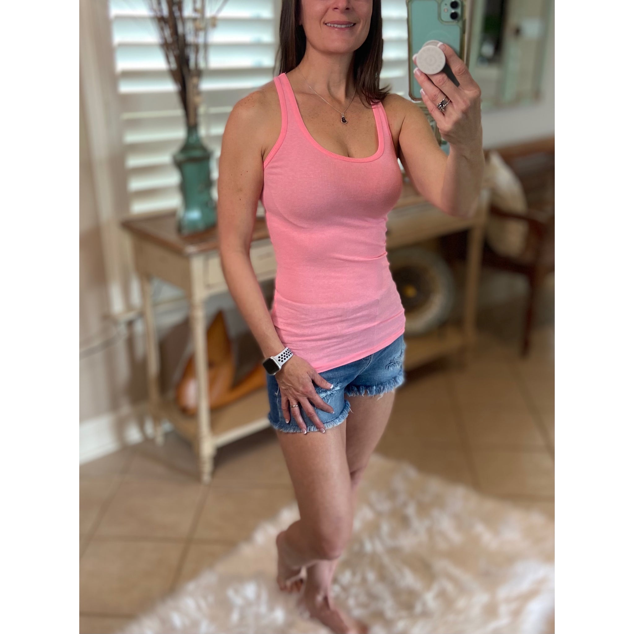 “Can’t Touch This” Ribbed Low Scoop Boy Beater Cleavage Fitted Tank Top Neon Pink S/M/L/XL