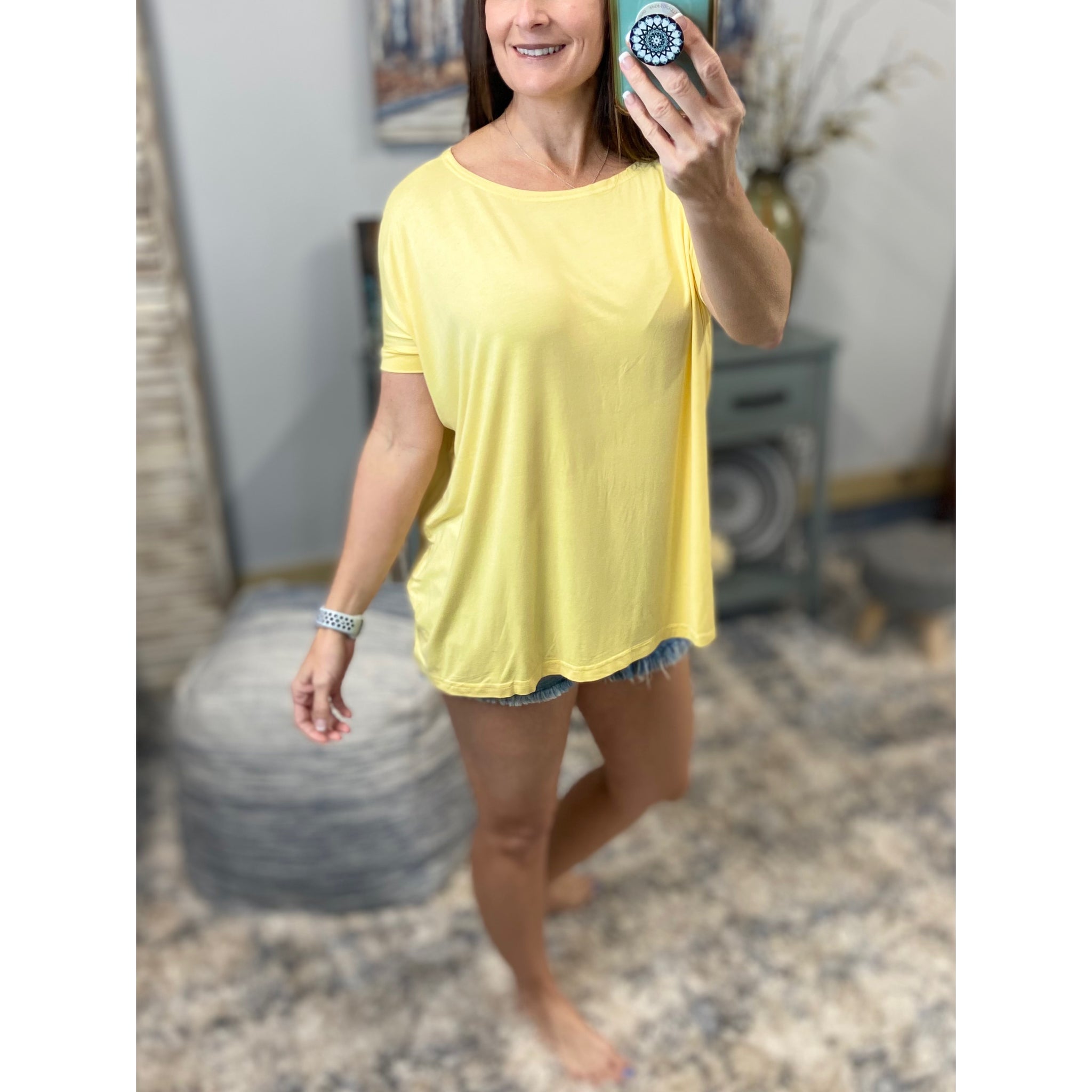 PIKO Dolman Wide Open Boat Neck Dolman Sleeve Tunic Top Shirt Yellow S/M/L