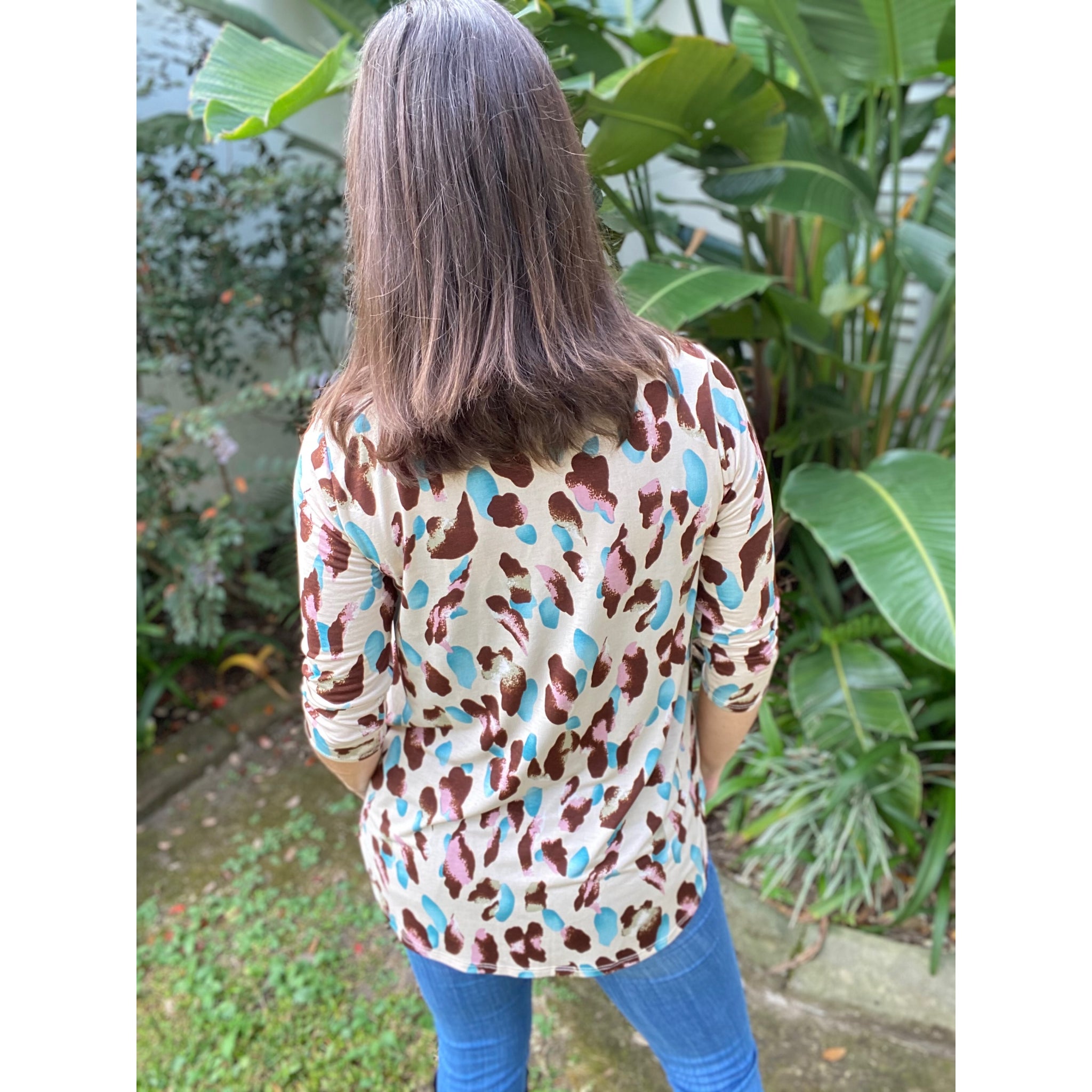 “Too Good To Be True” Leopard Print V Neck Quarter Sleeve Round Bottom Floaty Taupe Pink